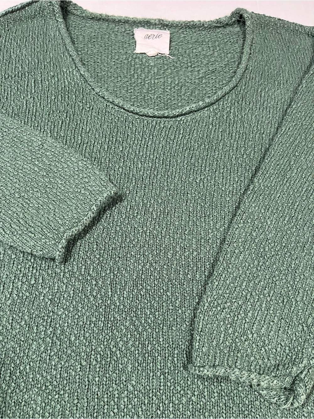 Aerie Sage Green Lightweight Knit Sweater Small Rolled Hem Pullover
